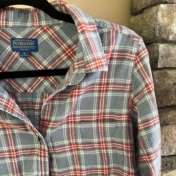 Pendleton plaid button down shirt, red, white, blue. 100% cotton. Soft fabric. - Picture 4 of 7